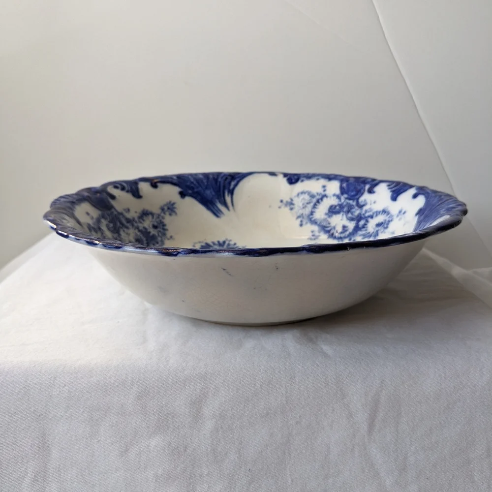Antique Upper Hanley England Dahlia Flow Blue Floral Round Vegetable Bowl